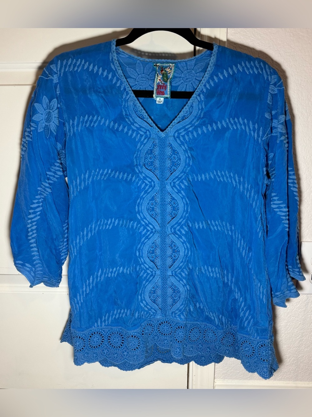 Johnny Was Milani Embroidered Lace Boho Tunic Blouse| Cobalt Blue| XS